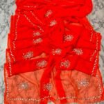 A vibrant red Royal Georgette saree featuring delicate floral handwork embroidery and a detailed border.