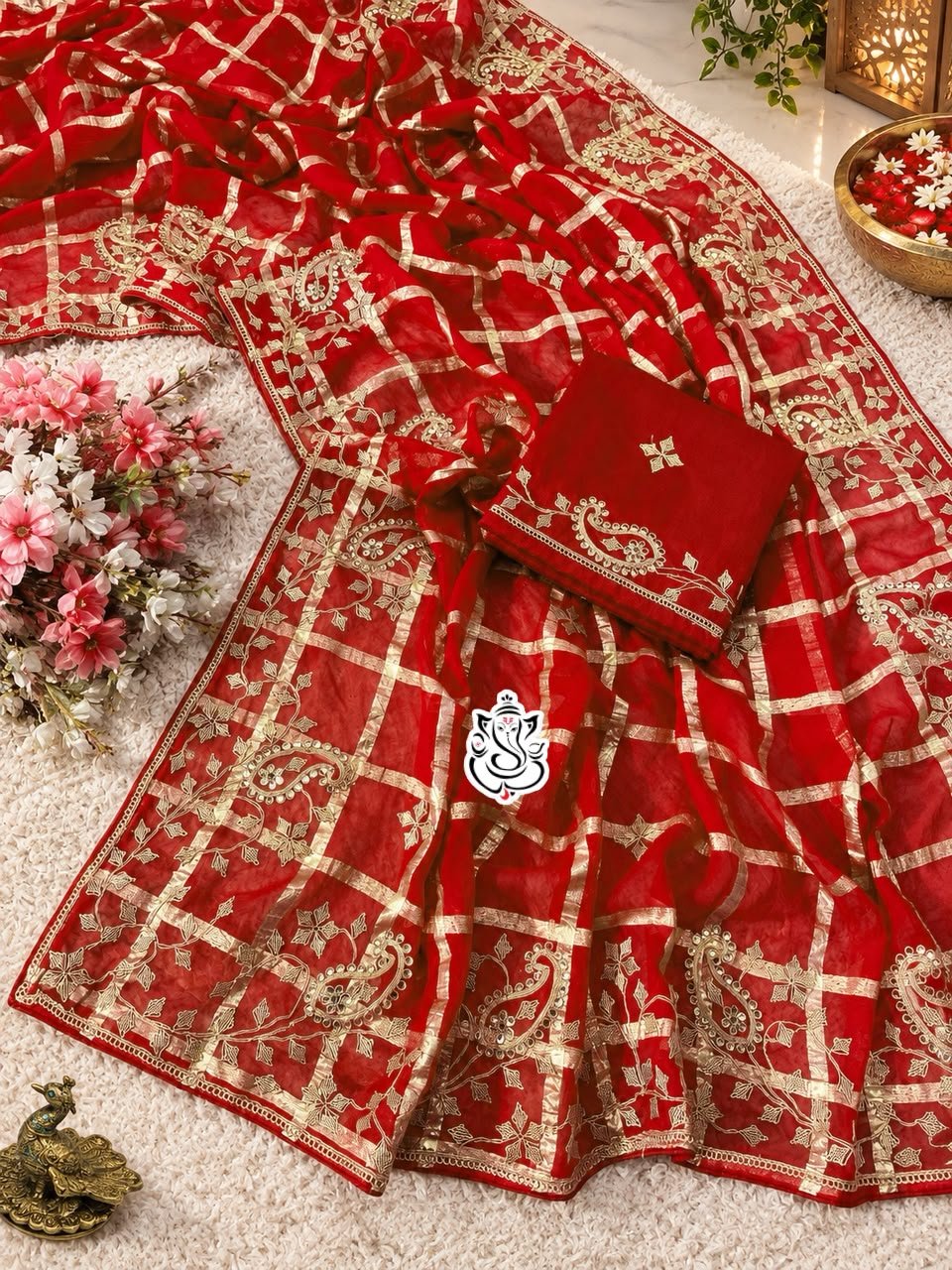 Red & Rani Soft Viscose Silk Pittawork Saree 3 A luxurious red soft viscose silk saree with gold grid patterns and intricate floral embroidery border displayed on a white fluffy rug.