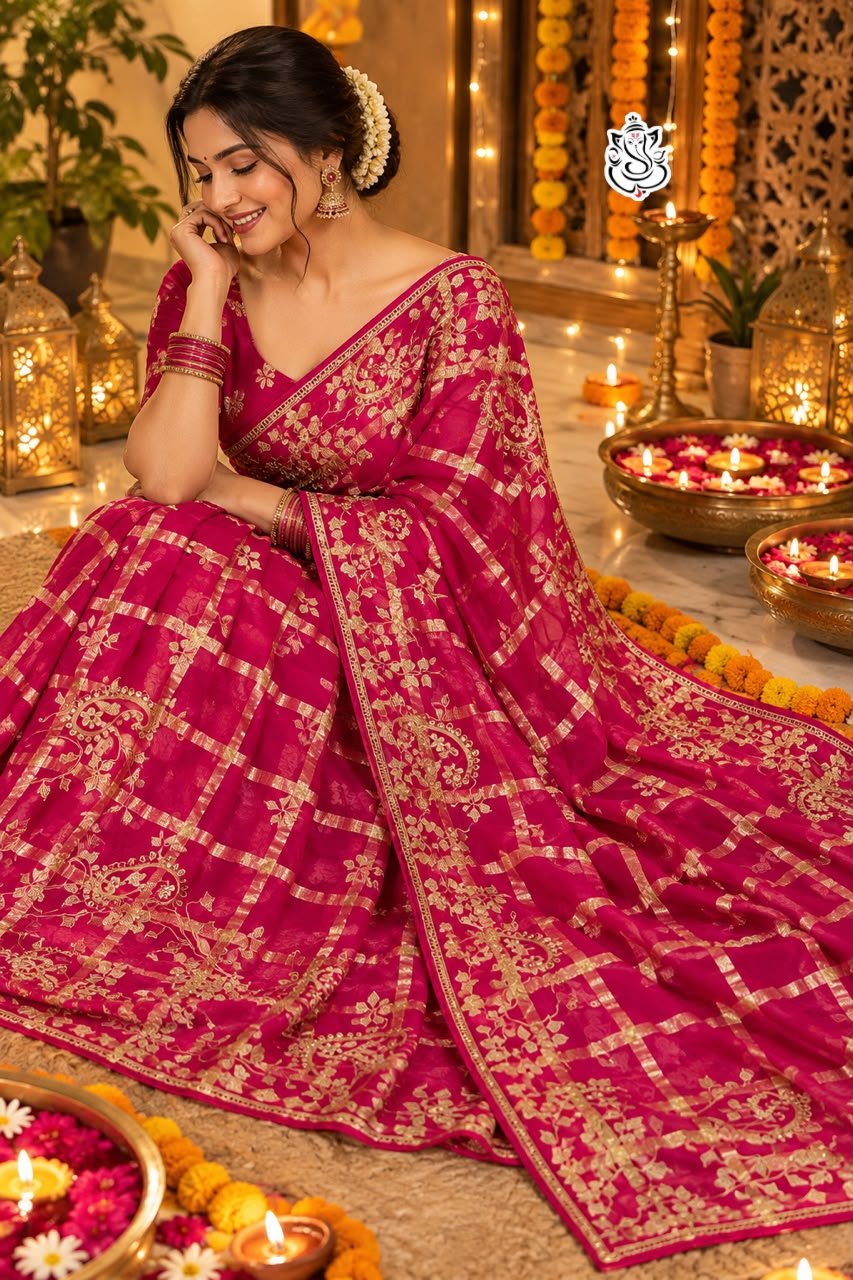 Red & Rani Soft Viscose Silk Pittawork Saree 4 A luxurious red soft viscose silk saree with gold grid patterns and intricate floral embroidery border displayed on a white fluffy rug.