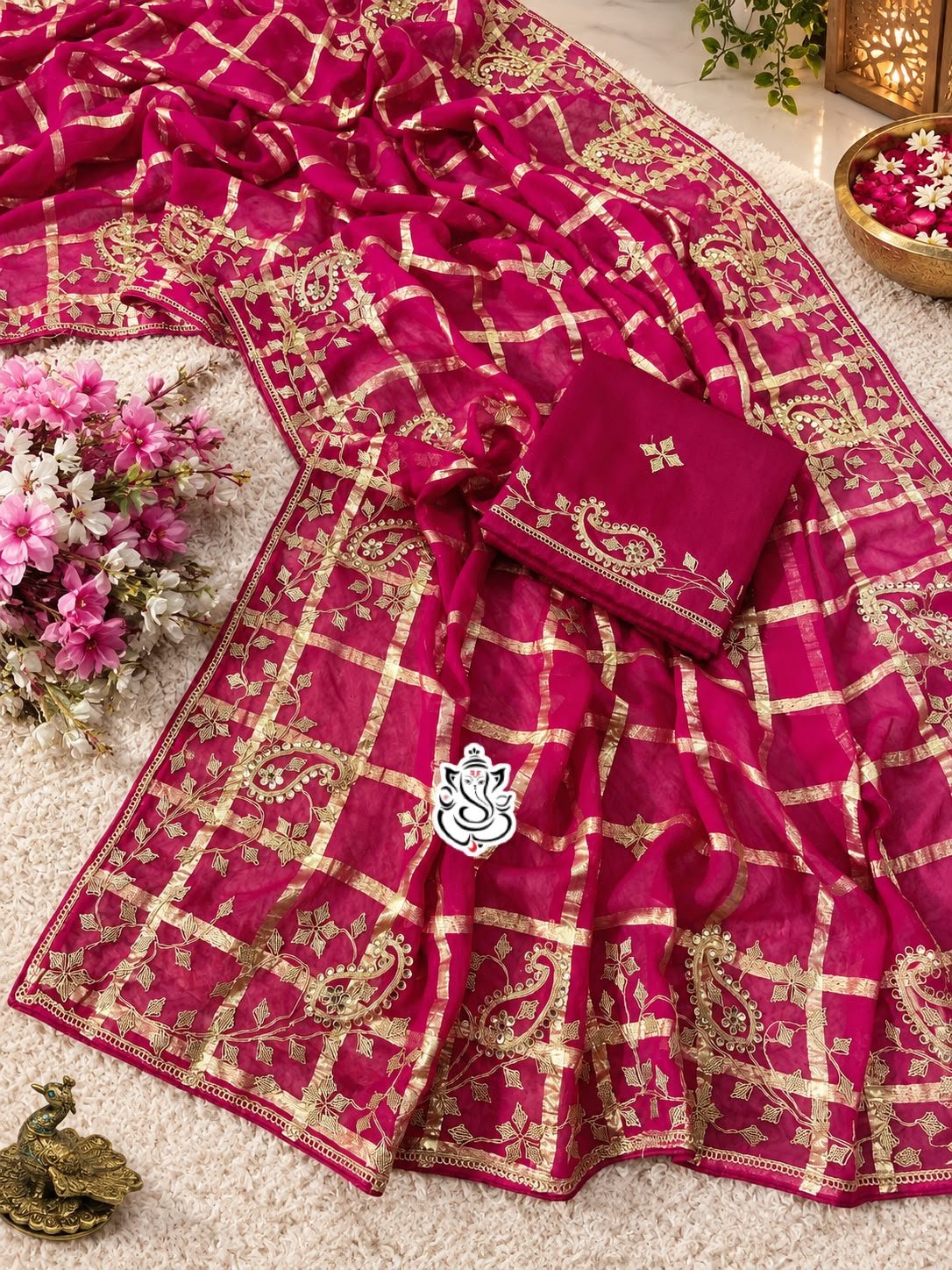 Red & Rani Soft Viscose Silk Pittawork Saree 5 A luxurious red soft viscose silk saree with gold grid patterns and intricate floral embroidery border displayed on a white fluffy rug.