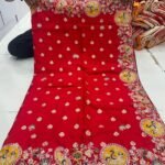 A person holds up a red Upada silk saree featuring a detailed border with multi-sequence work and round peacock motifs.