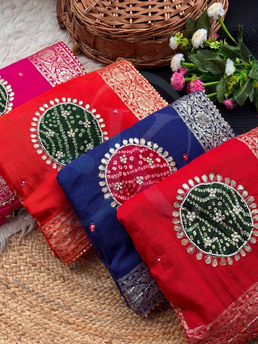 A collection of beautiful Viscose Dolla Patola sarees in vibrant colours with traditional handwork and fancy latkans displayed on a textured background.