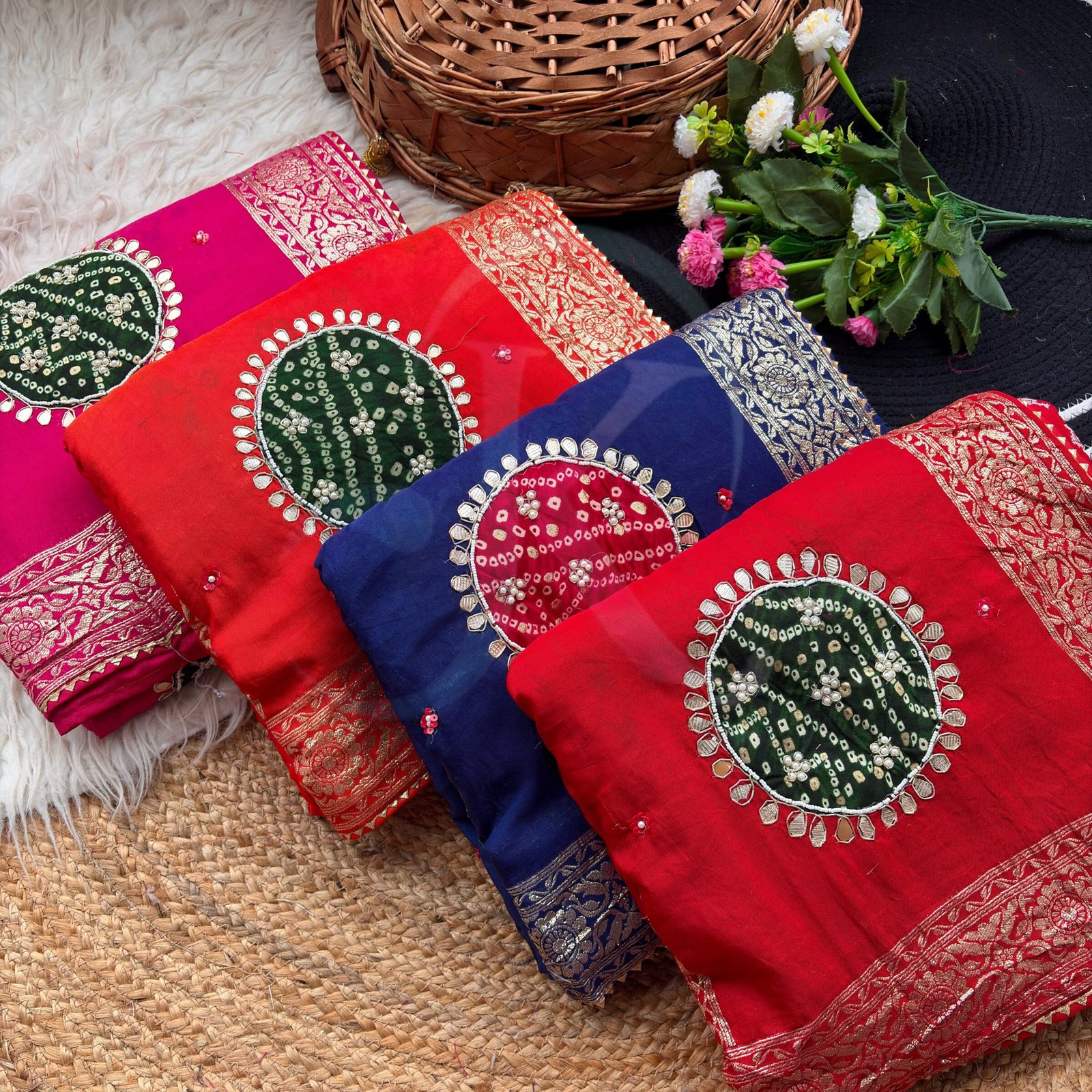 Traditional Viscose Dolla Patola Saree - Karwa Chauth Special 1 A collection of beautiful Viscose Dolla Patola sarees in vibrant colours with traditional handwork and fancy latkans displayed on a textured background.