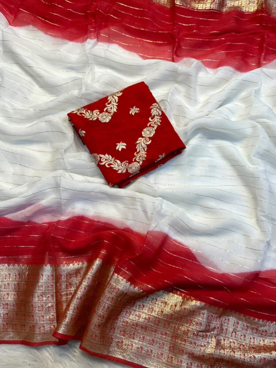 A white and red dual-tone Pure Viscose Georgette saree with golden zari stripes and a wide traditional jacquard border, displayed with a matching red embroidered blouse.